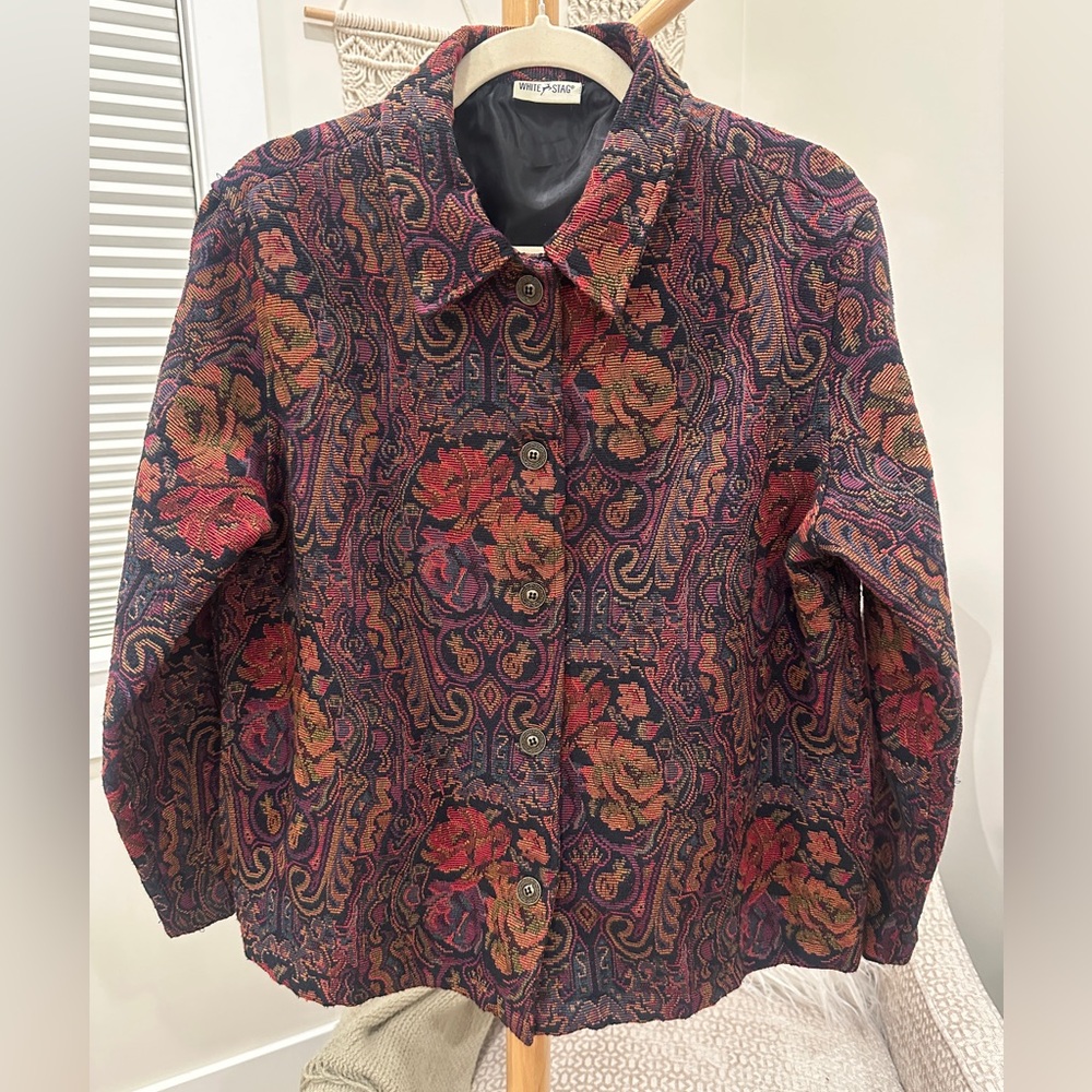 Vintage White Stag Tapestry Jacket Floral Brocade Coat Boho